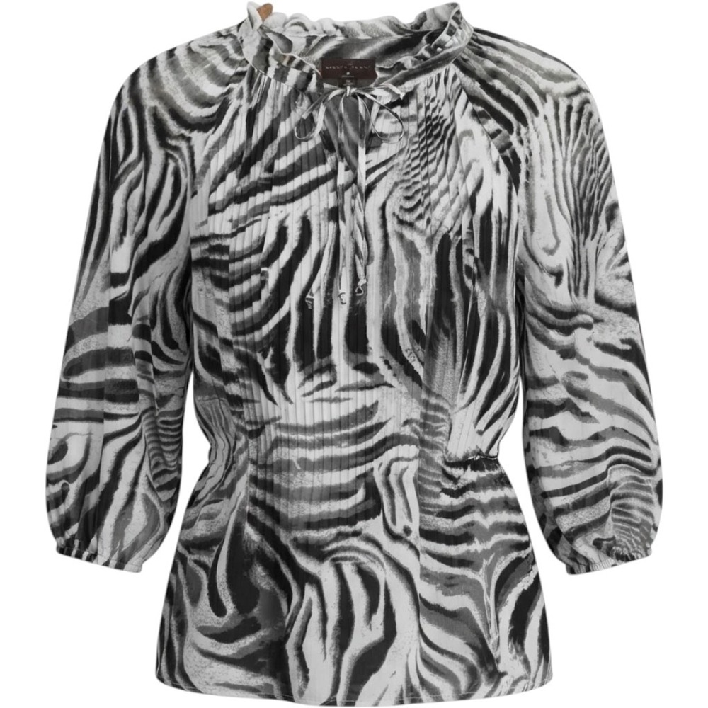 Investments Womens S Zebra Print Pleated Tie Neck Blouse Black White Mob Wife